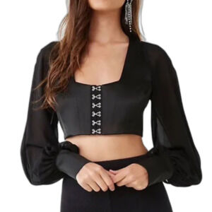 Blashe Black Hook & Eye Corset Front Chiffon Long Sleeves Crop Top Size S